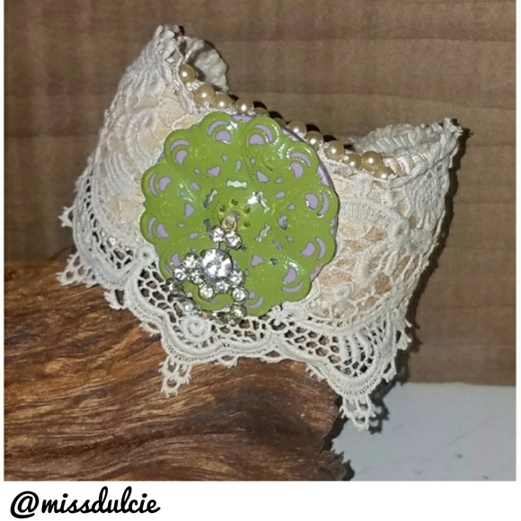 Upcycled Leather Baseball Cuff Lace Rhinestones - Picture 1 of 8